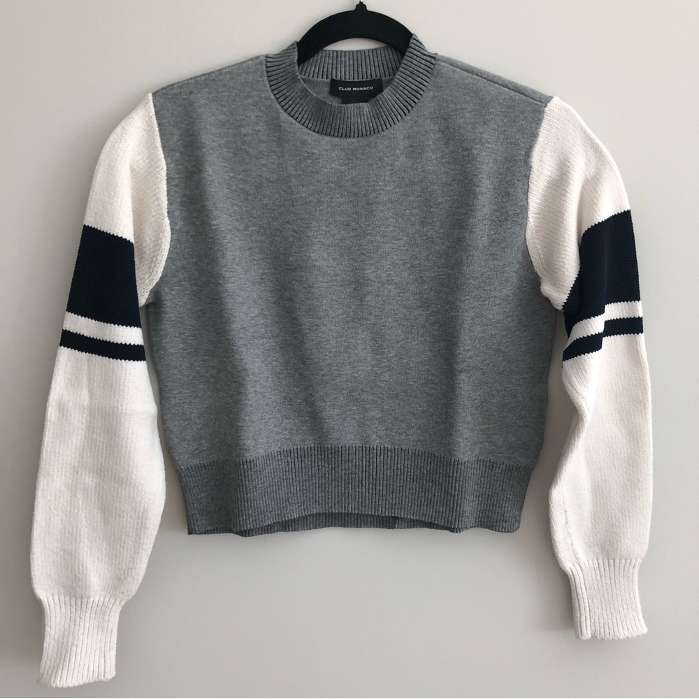 Club Monaco Gray Crewneck Sweater with White and Navy Striped Sleeves